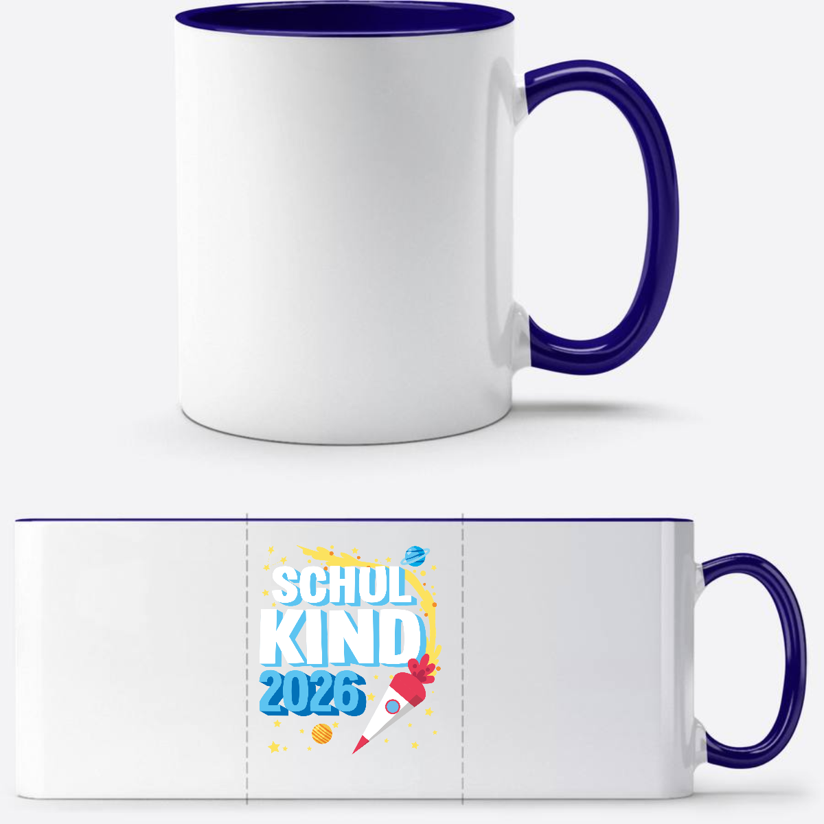 Tasse Einschulung 2025: Endlich Schulkind Rakete mit Name - Weiß/Dunkelblau