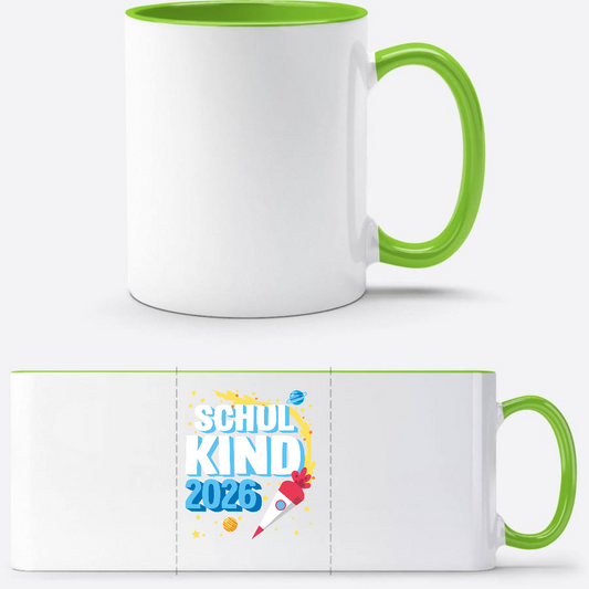 Tasse Einschulung 2025: Endlich Schulkind Rakete mit Name - Weiß/Grün
