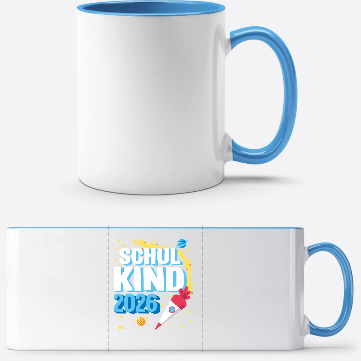 Tasse Einschulung 2025: Endlich Schulkind Rakete mit Name - Weiß/Hellblau