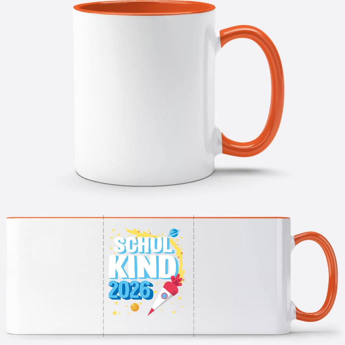 Tasse Einschulung 2025: Endlich Schulkind Rakete mit Name - Weiß/Orange