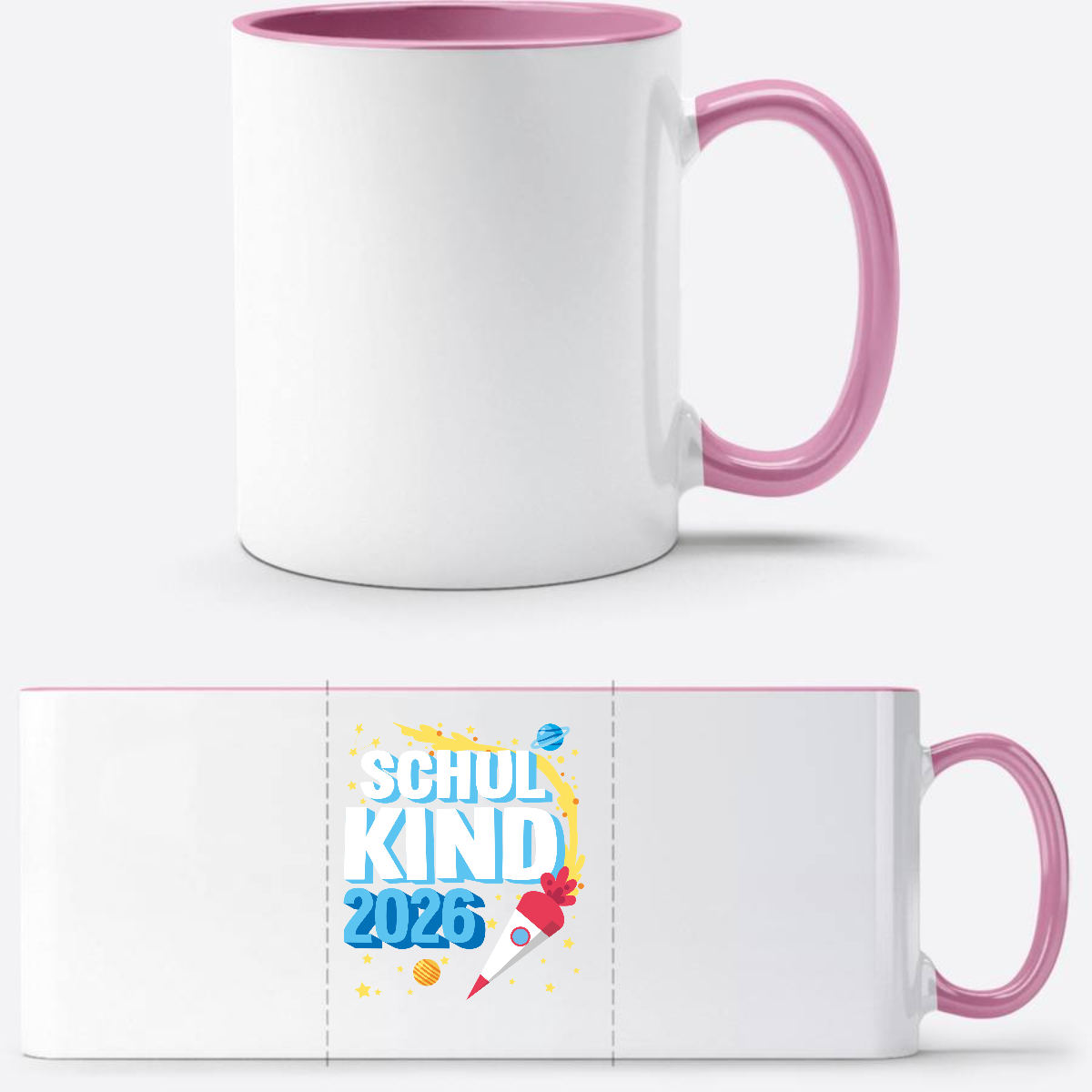 Tasse Einschulung 2025: Endlich Schulkind Rakete mit Name - Weiss/Rosa