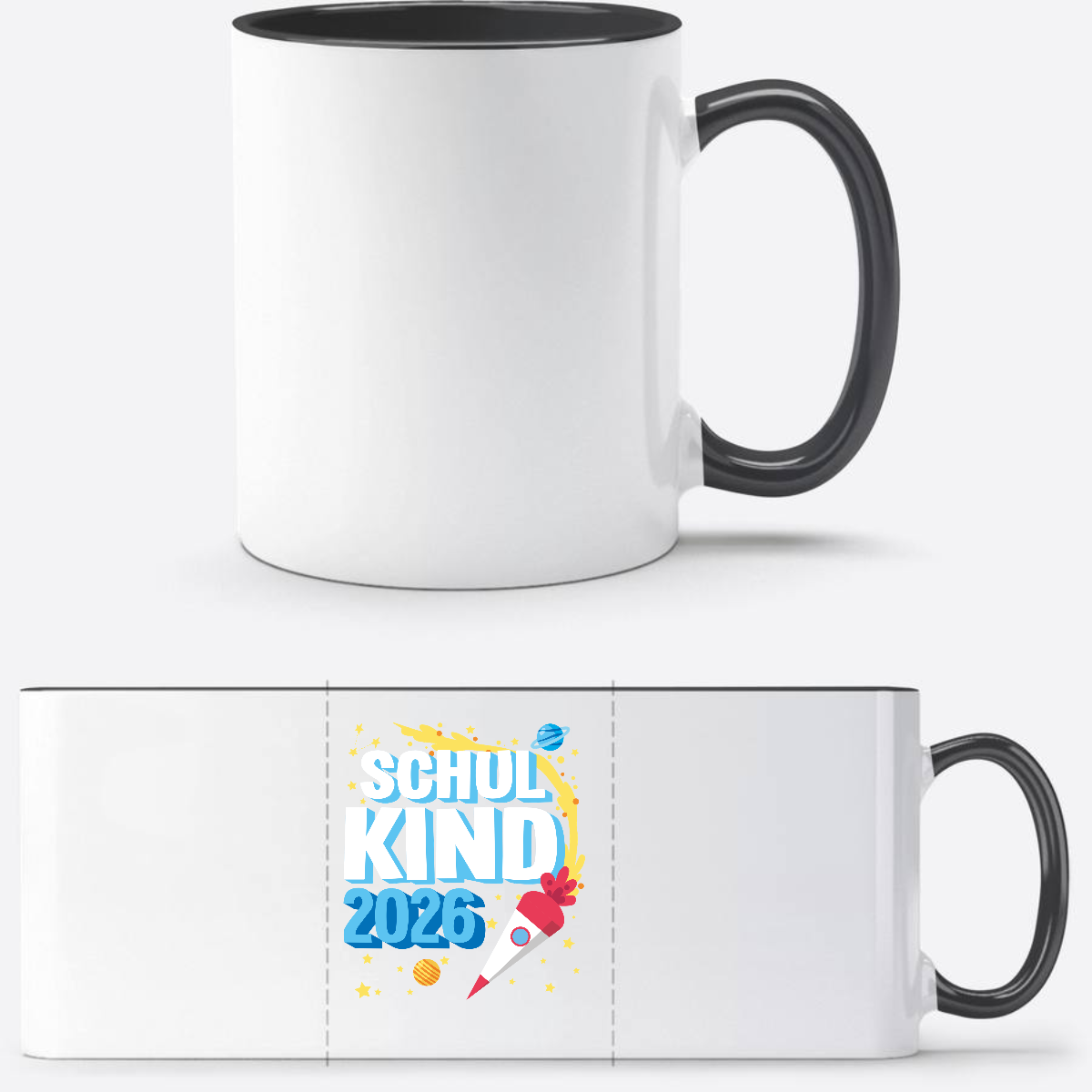 Tasse Einschulung 2025: Endlich Schulkind Rakete mit Name - Weiß/Schwarz