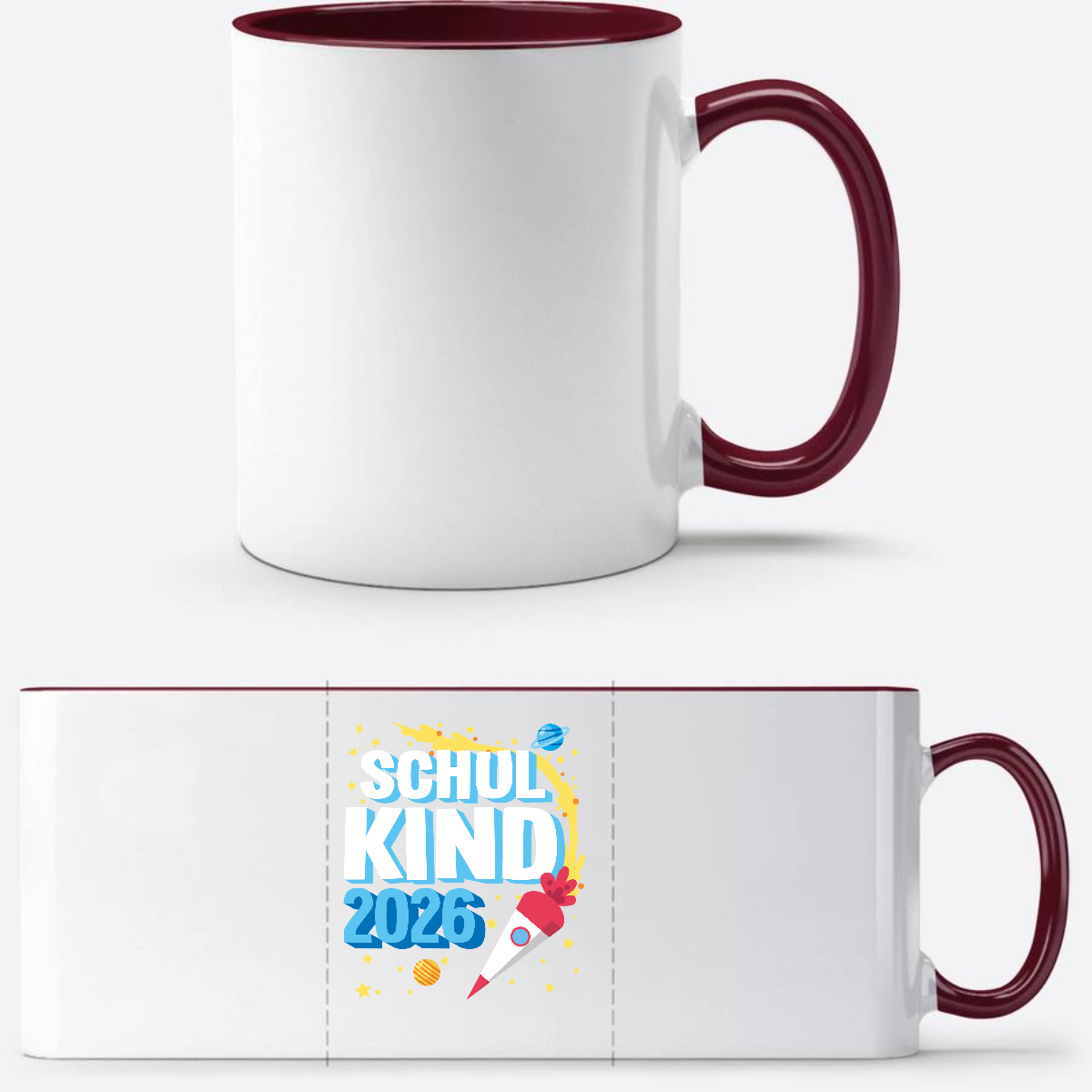 Tasse Einschulung 2025: Endlich Schulkind Rakete mit Name - White/Bordeaux