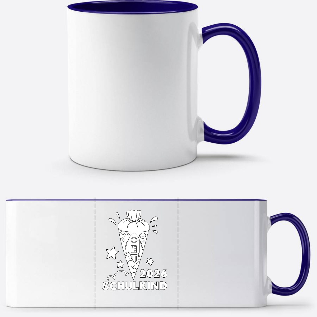Tasse Einschulung 2025 – Schulkind Rakete zum Ausmalen mit Name - Weiß/Dunkelblau