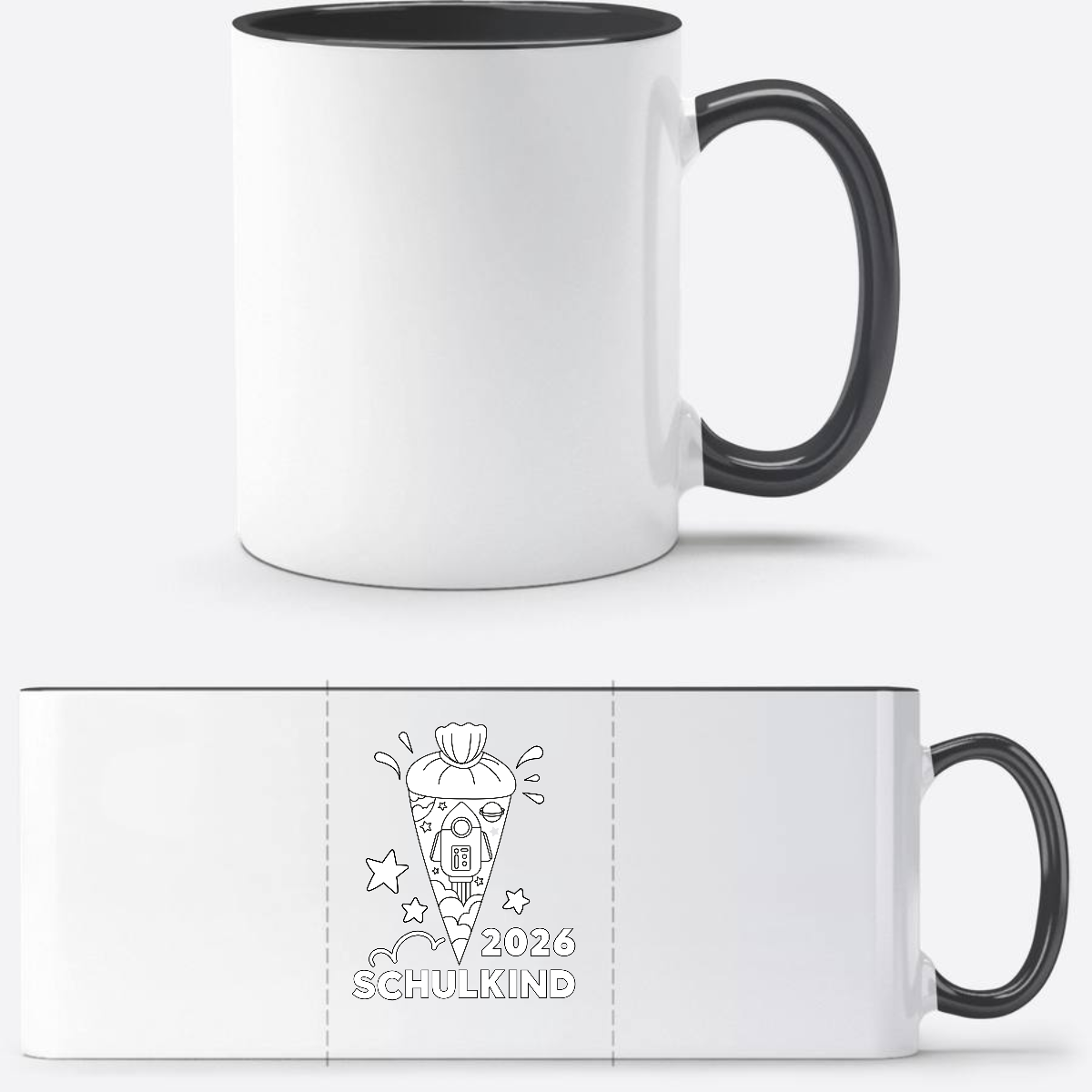 Tasse Einschulung 2025 – Schulkind Rakete zum Ausmalen mit Name - Weiß/Schwarz