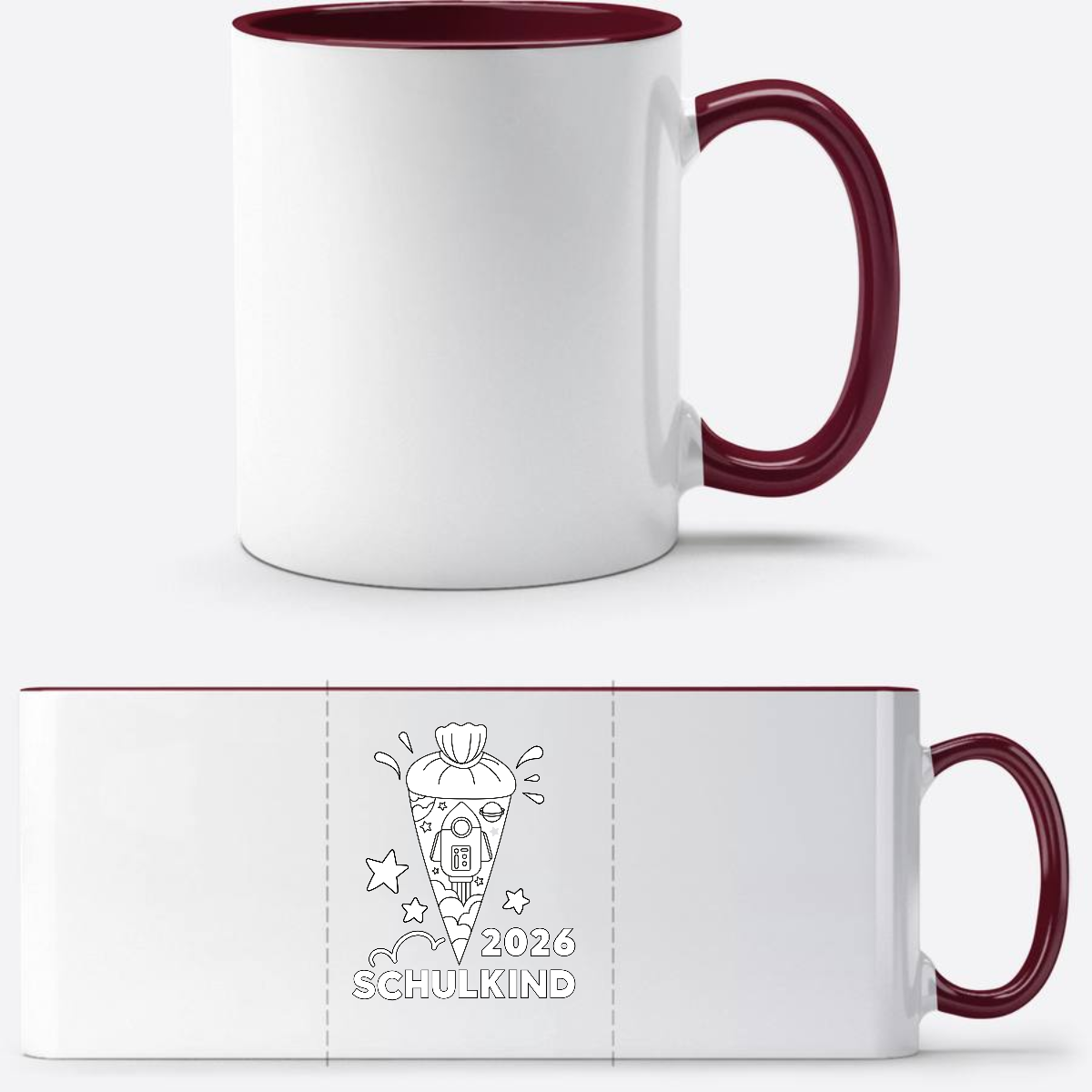 Tasse Einschulung 2025 – Schulkind Rakete zum Ausmalen mit Name - White/Bordeaux
