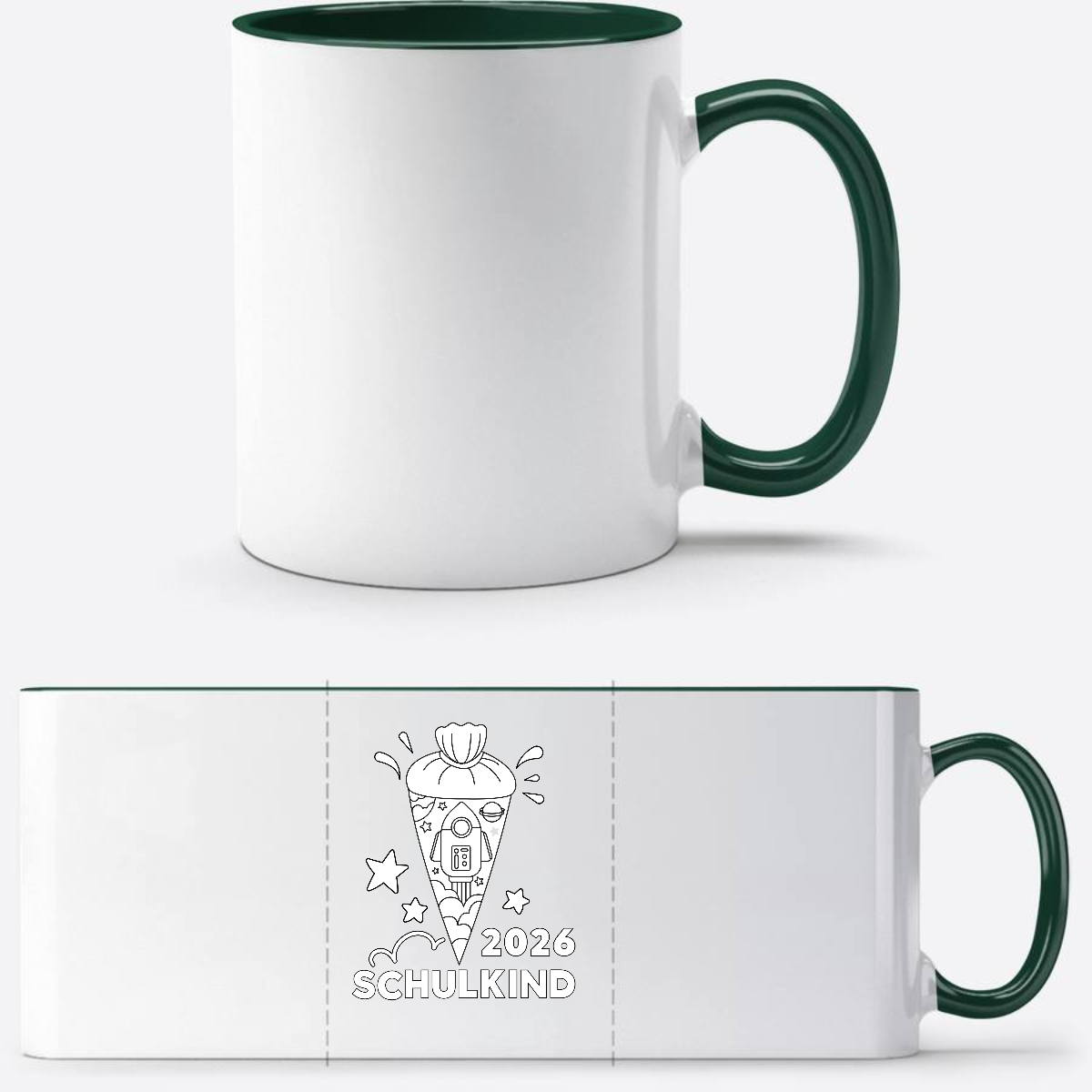 Tasse Einschulung 2025 – Schulkind Rakete zum Ausmalen mit Name - White/Petrol