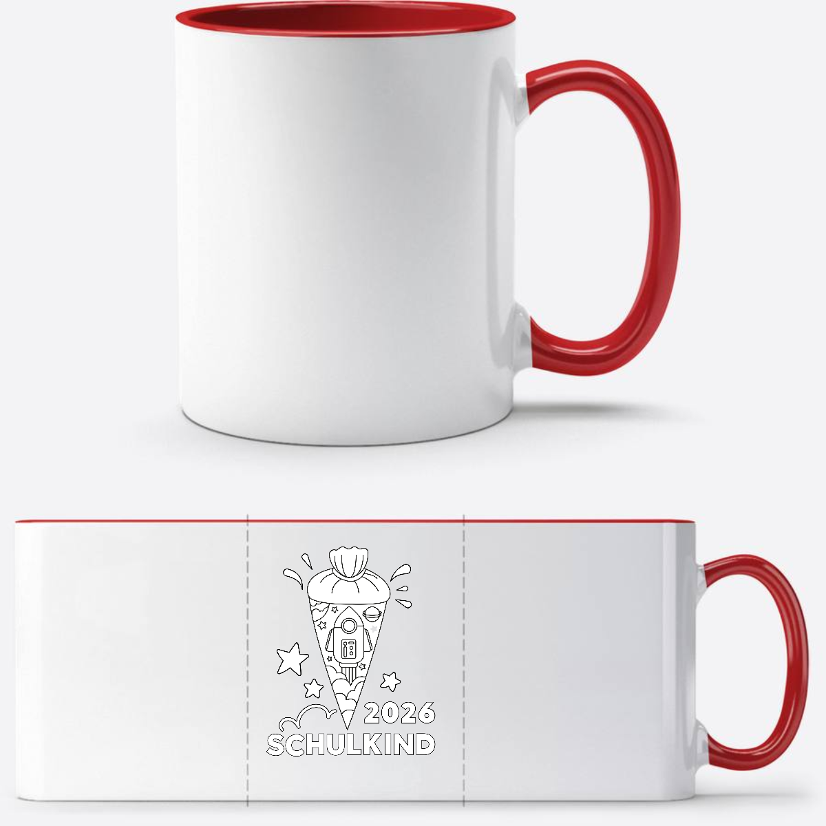 Tasse Einschulung 2025 – Schulkind Rakete zum Ausmalen mit Name - White/Red