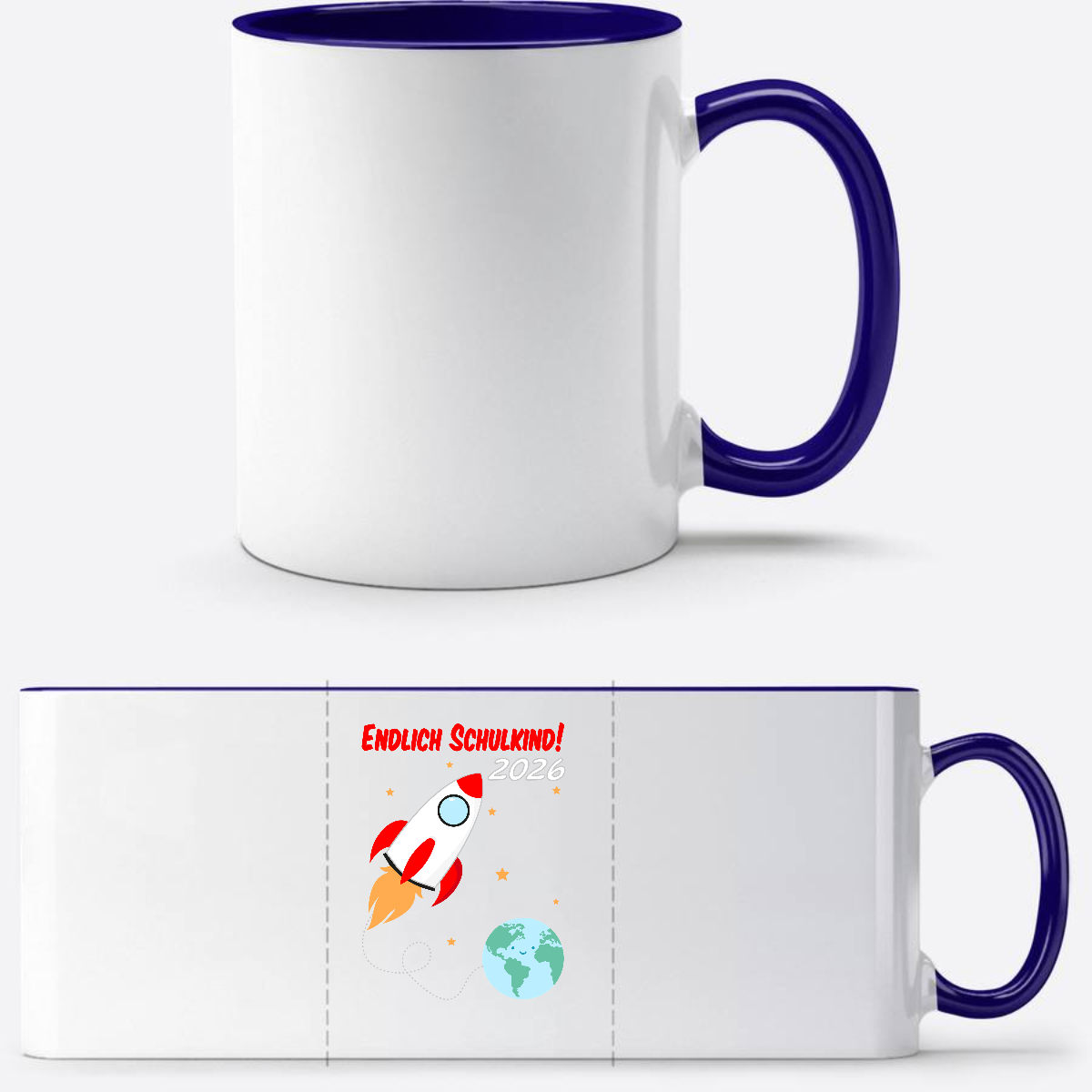 Tasse Einschulung 2026 – Endlich Schulkind Rakete mit Name - Weiß/Dunkelblau