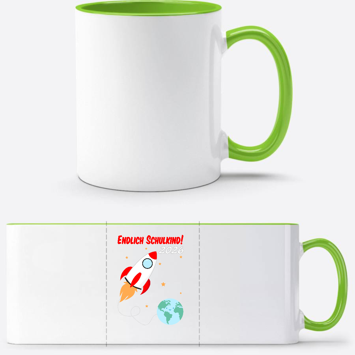 Tasse Einschulung 2026 – Endlich Schulkind Rakete mit Name - Weiß/Grün