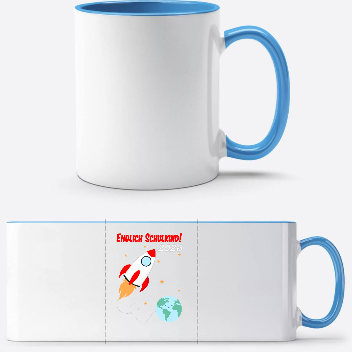 Tasse Einschulung 2026 – Endlich Schulkind Rakete mit Name - Weiß/Hellblau