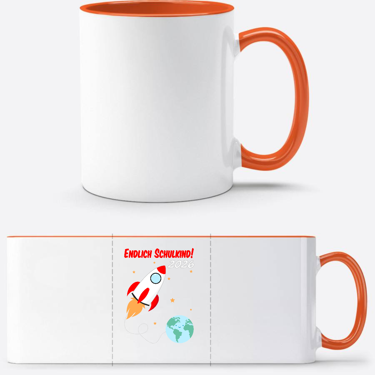 Tasse Einschulung 2026 – Endlich Schulkind Rakete mit Name - Weiß/Orange