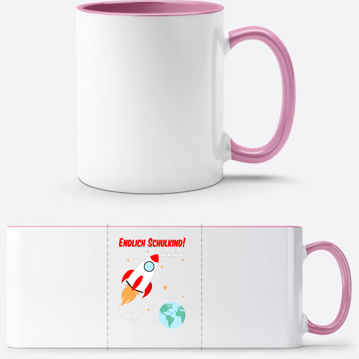 Tasse Einschulung 2026 – Endlich Schulkind Rakete mit Name - Weiss/Rosa