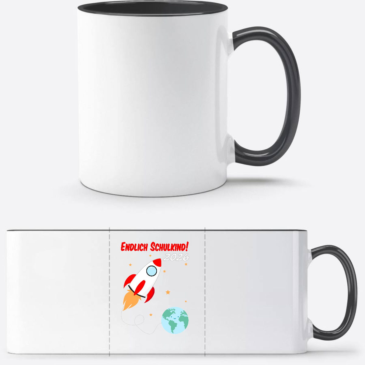 Tasse Einschulung 2026 – Endlich Schulkind Rakete mit Name - Weiß/Schwarz