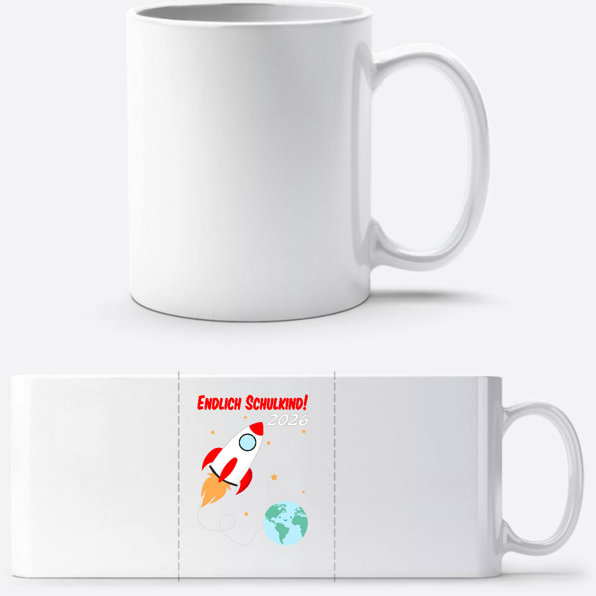 Tasse Einschulung 2026 – Endlich Schulkind Rakete mit Name - Weiß