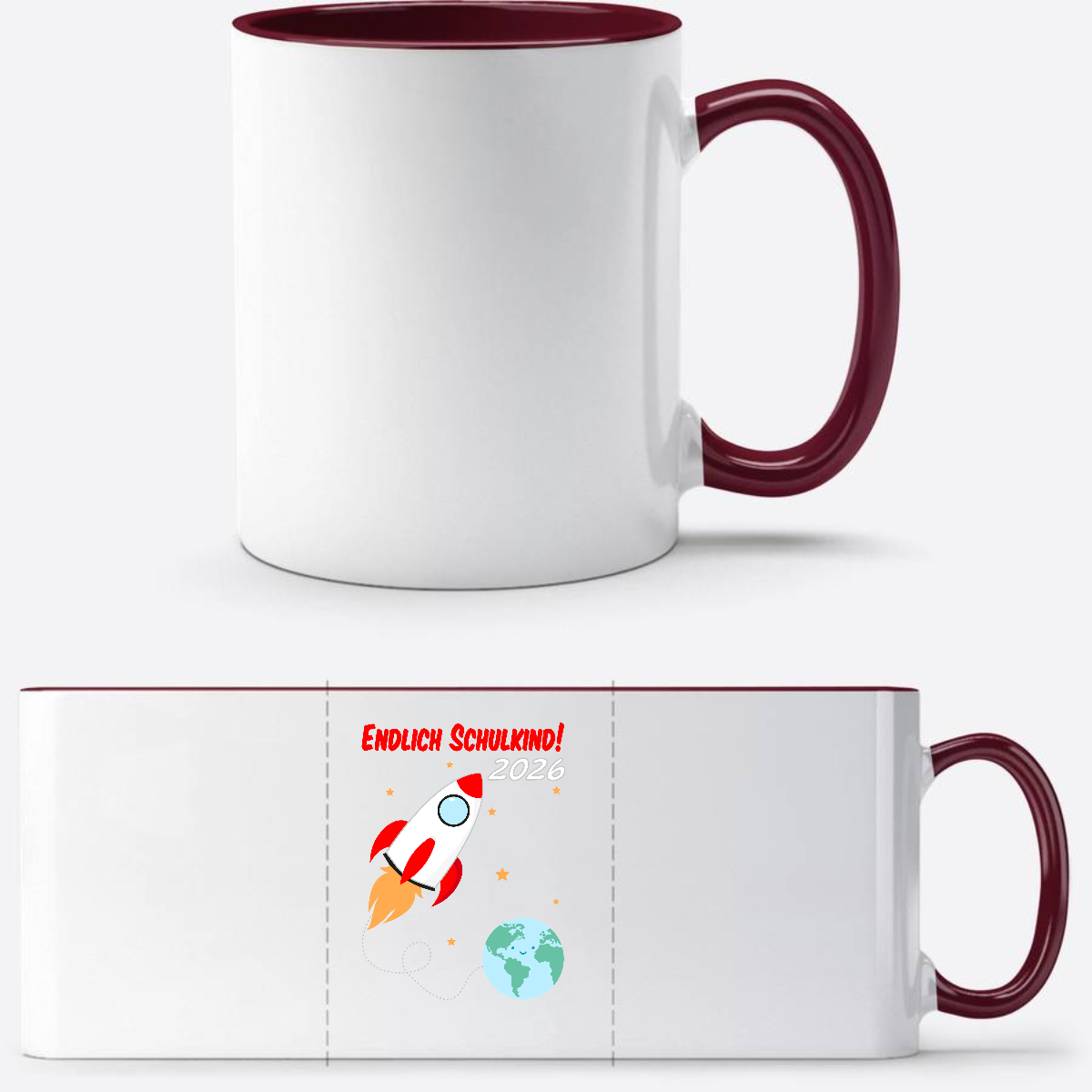 Tasse Einschulung 2026 – Endlich Schulkind Rakete mit Name - White/Bordeaux