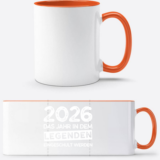 Tasse Einschulung 2026 – Legenden werden eingeschult (mit Name) - Weiß/Orange