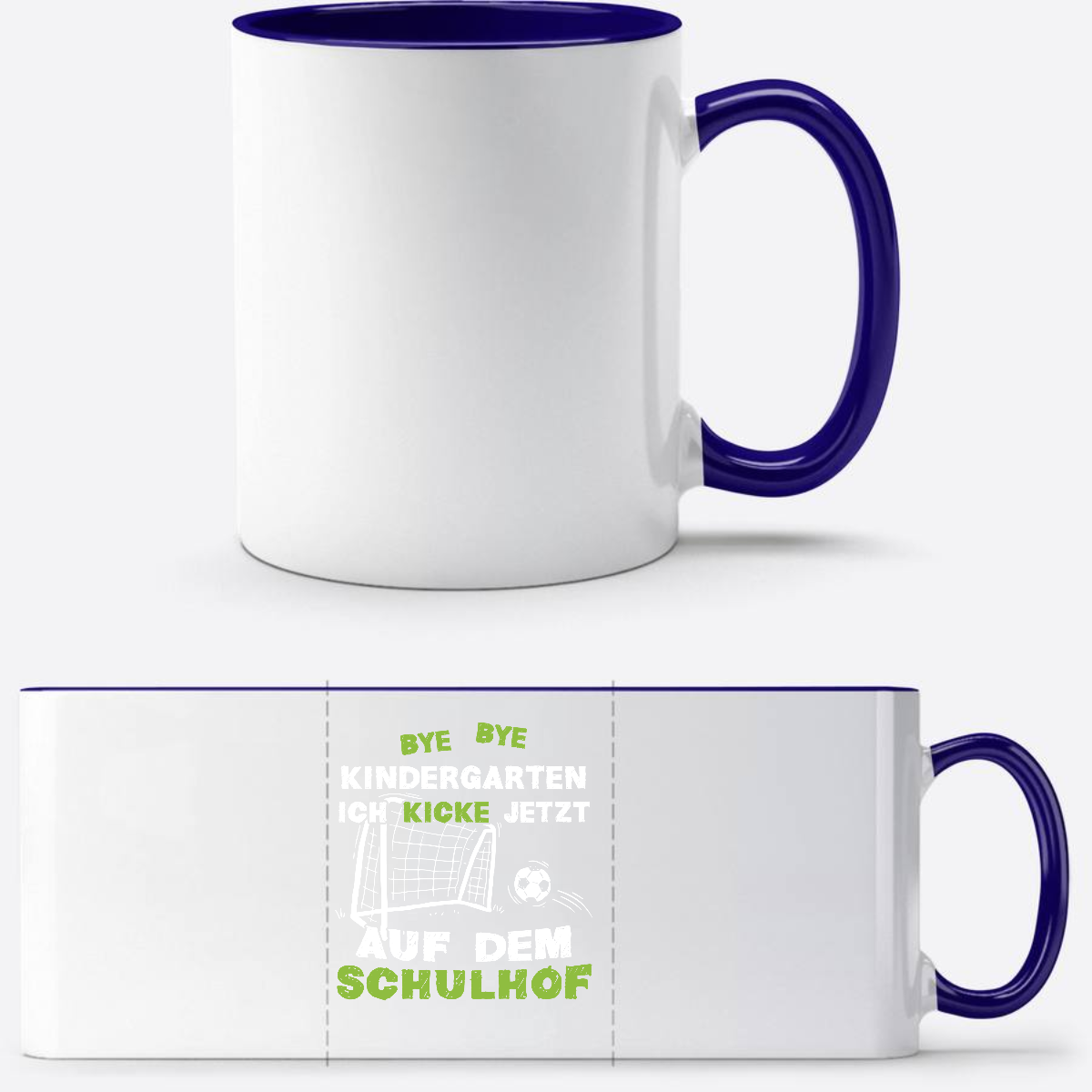 Tasse Einschulung: Bye Bye Kindergarten Fußball mit Name - Weiß/Dunkelblau