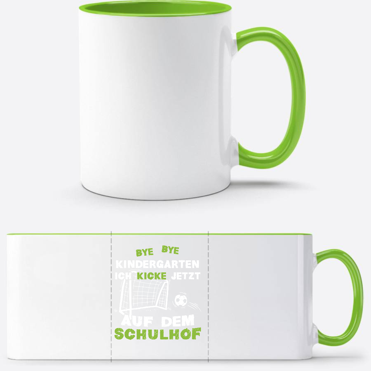 Tasse Einschulung: Bye Bye Kindergarten Fußball mit Name - Weiß/Grün