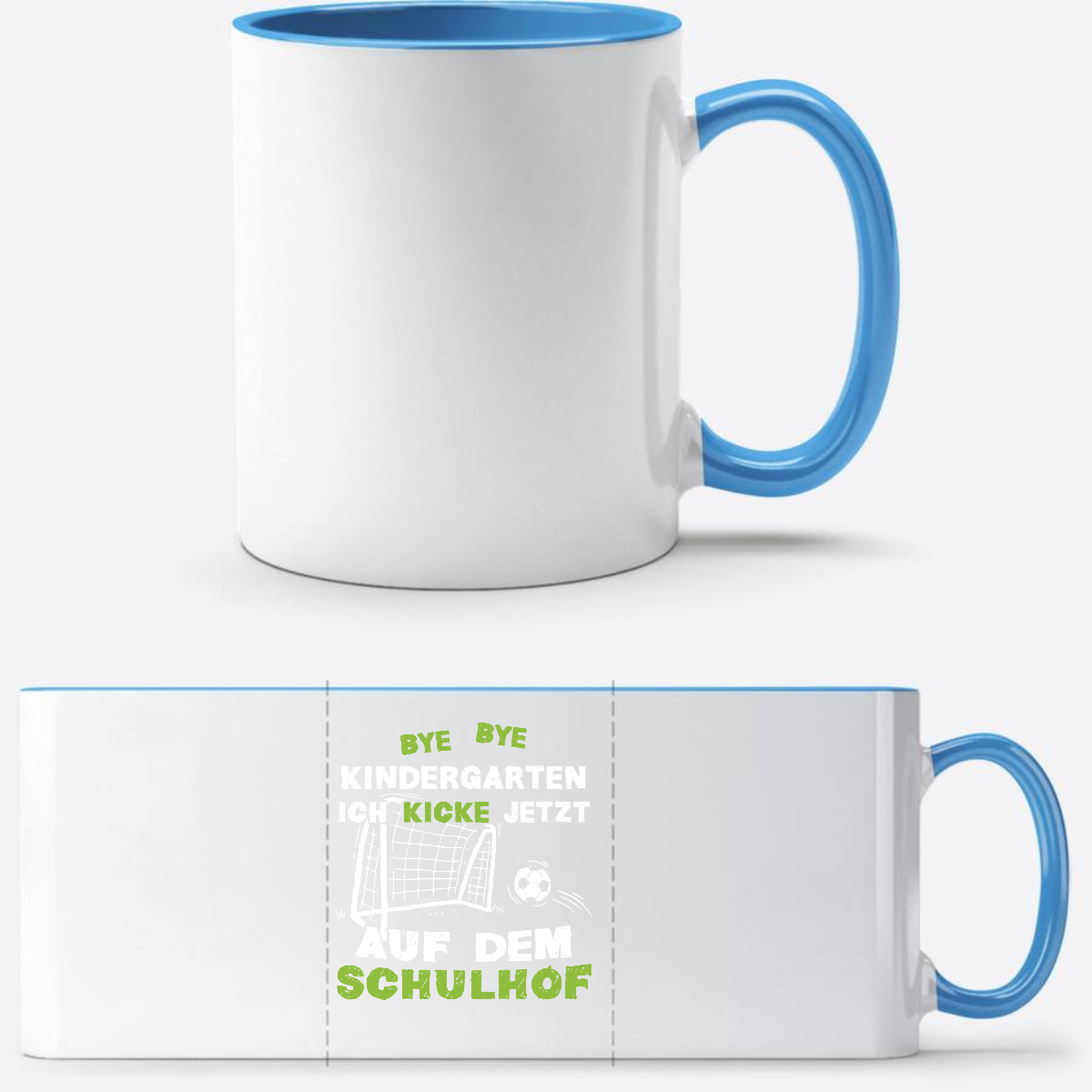 Tasse Einschulung: Bye Bye Kindergarten Fußball mit Name - Weiß/Hellblau