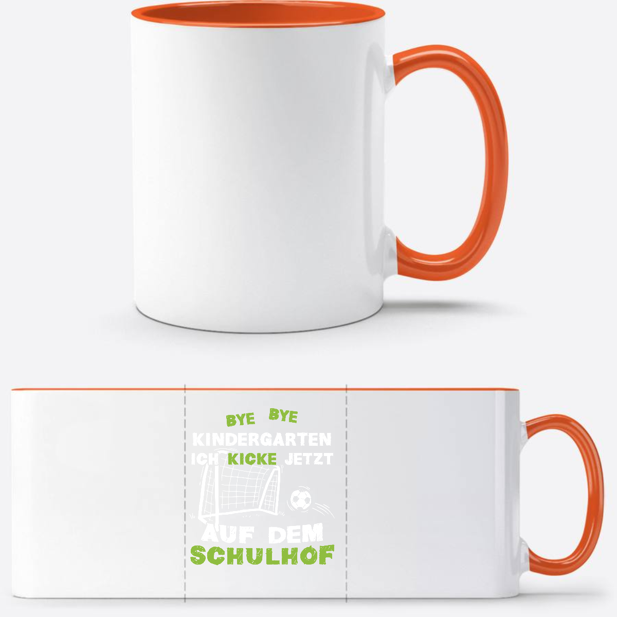 Tasse Einschulung: Bye Bye Kindergarten Fußball mit Name - Weiß/Orange
