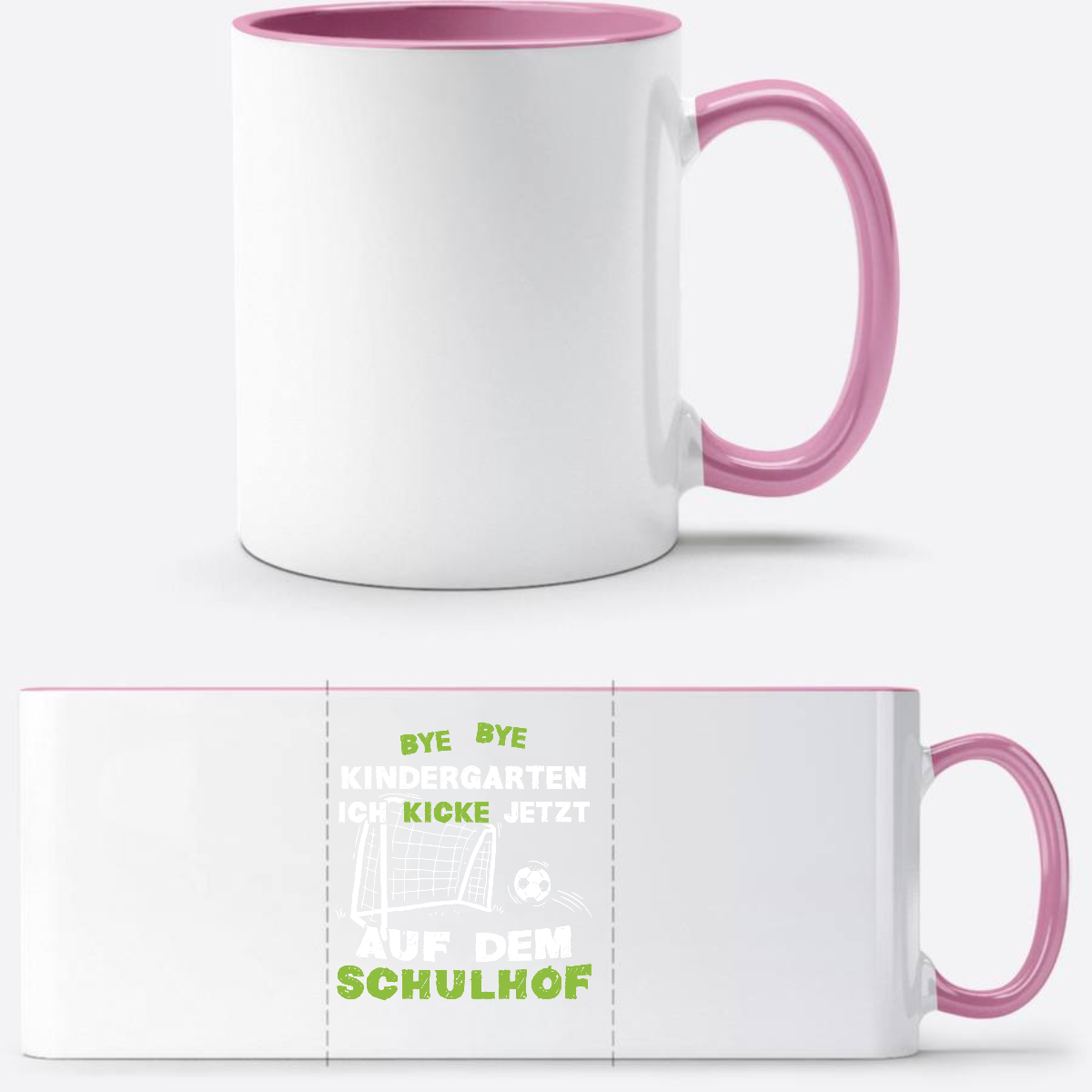 Tasse Einschulung: Bye Bye Kindergarten Fußball mit Name - Weiss/Rosa