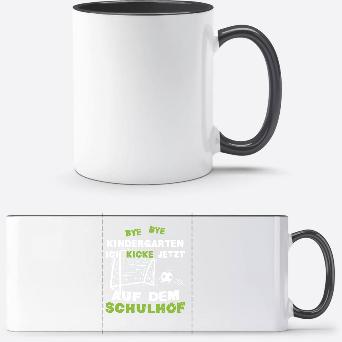 Tasse Einschulung: Bye Bye Kindergarten Fußball mit Name - Weiß/Schwarz