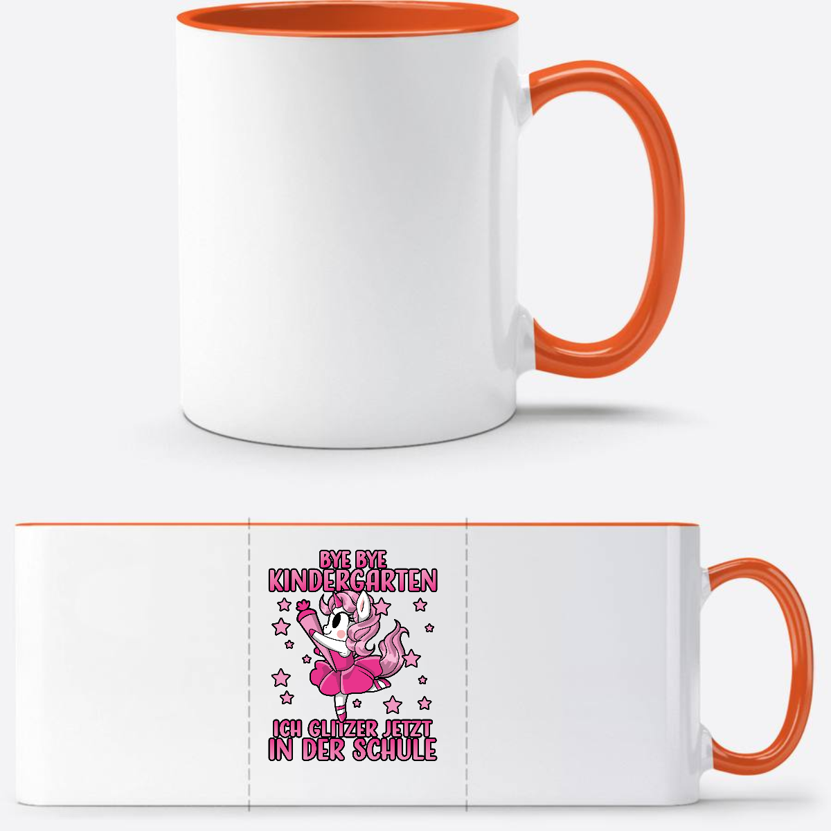 Tasse Einschulung: Bye Bye Kindergarten Glitzer-Einhorn - Weiß/Orange