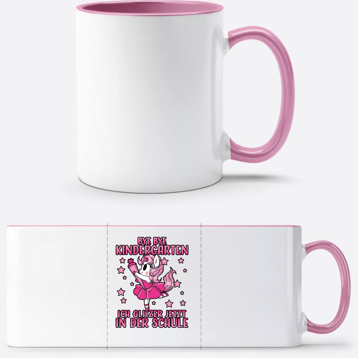 Tasse Einschulung: Bye Bye Kindergarten Glitzer-Einhorn - Weiss/Rosa