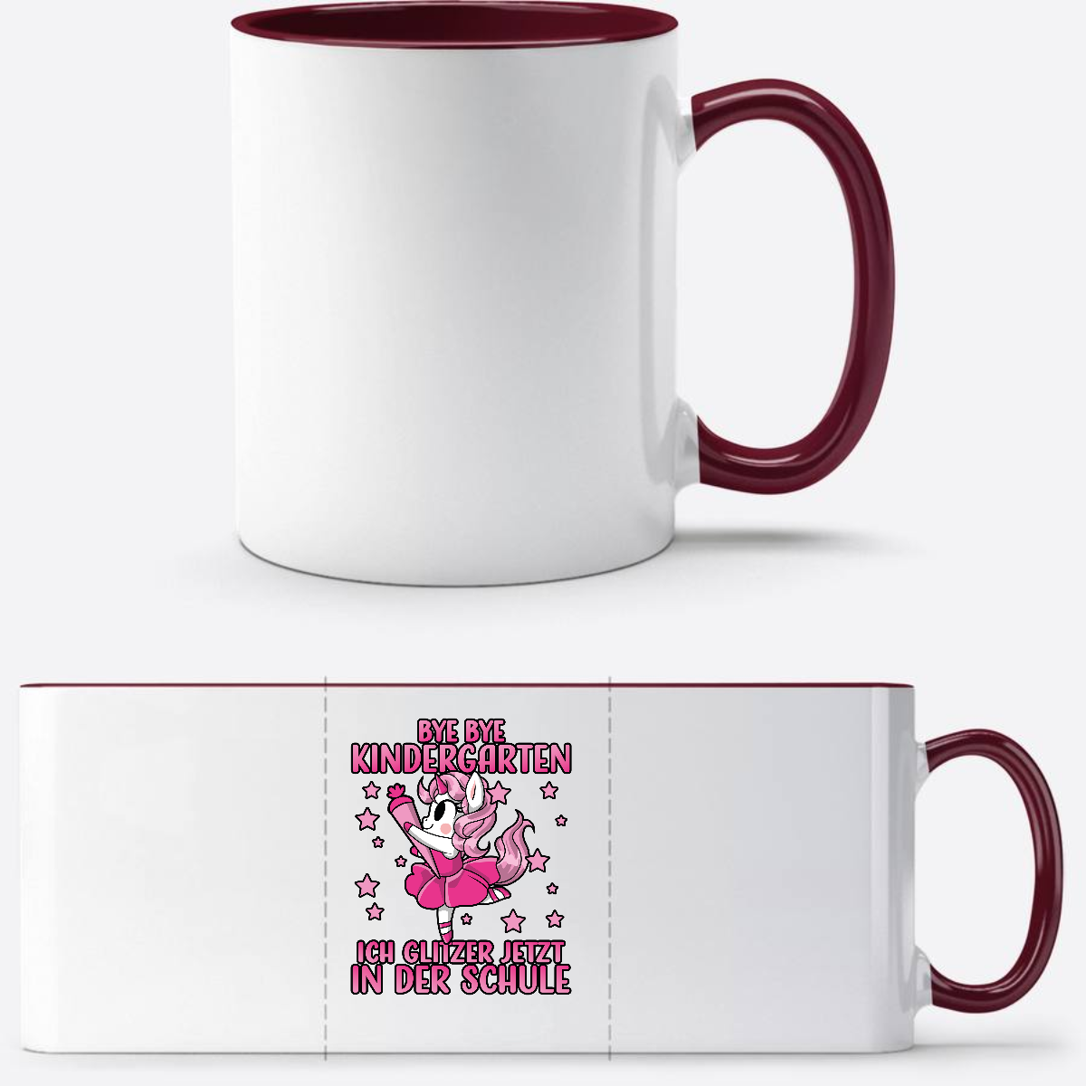Tasse Einschulung: Bye Bye Kindergarten Glitzer-Einhorn - White/Bordeaux