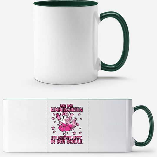 Tasse Einschulung: Bye Bye Kindergarten Glitzer-Einhorn - White/Petrol