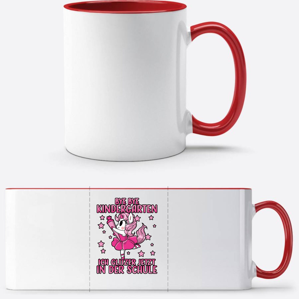 Tasse Einschulung: Bye Bye Kindergarten Glitzer-Einhorn - White/Red