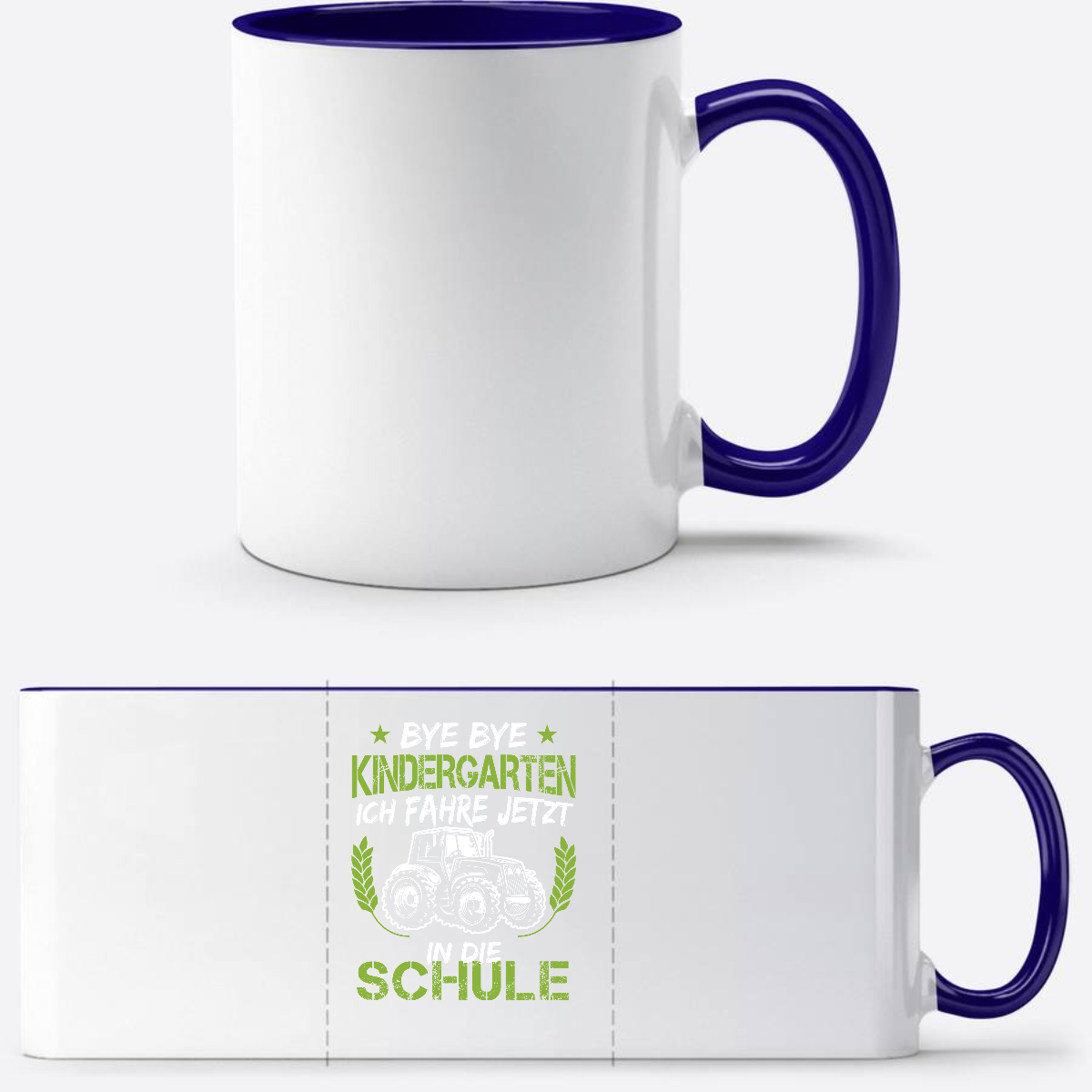 Tasse Einschulung – Bye Bye Kindergarten Traktor Grün - Weiß/Dunkelblau