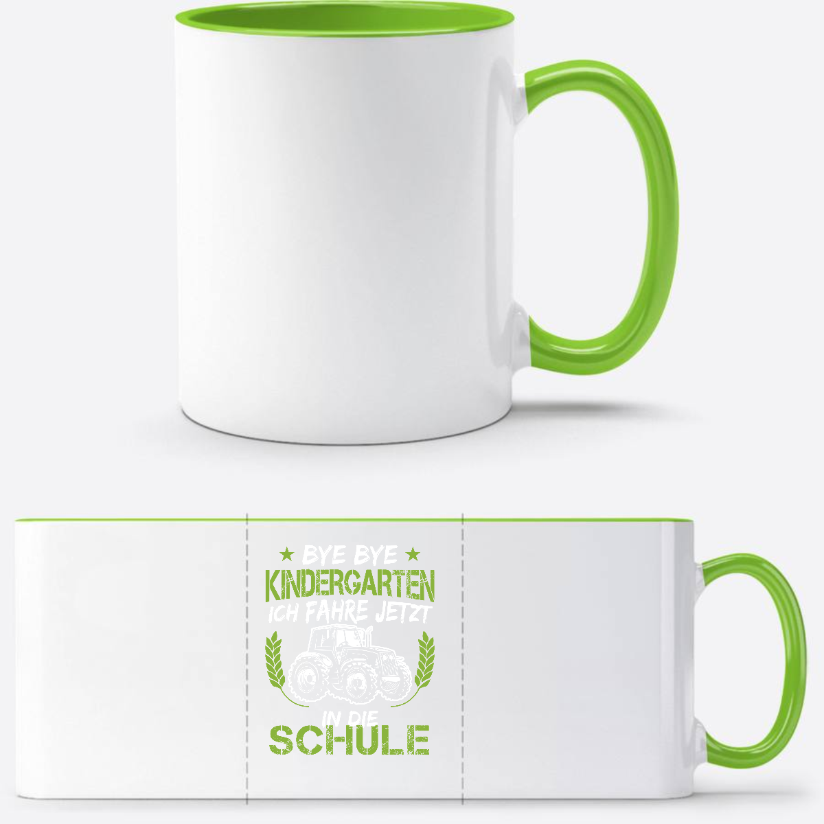 Tasse Einschulung – Bye Bye Kindergarten Traktor Grün - Weiß/Grün