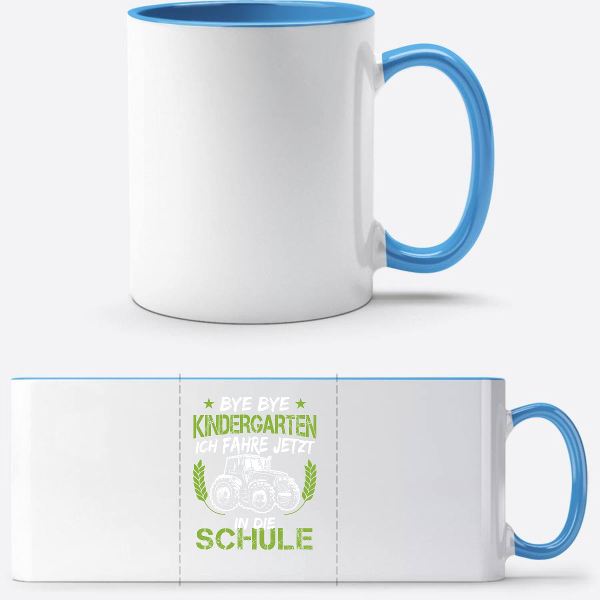 Tasse Einschulung – Bye Bye Kindergarten Traktor Grün - Weiß/Hellblau