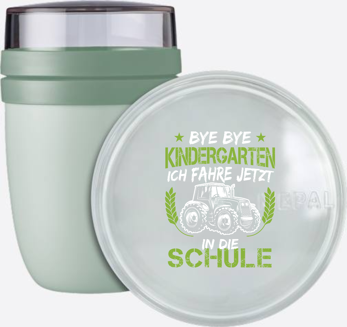 Tasse Einschulung: Bye Bye Kindergarten Traktor Grün-Weiß - Nordic Sage