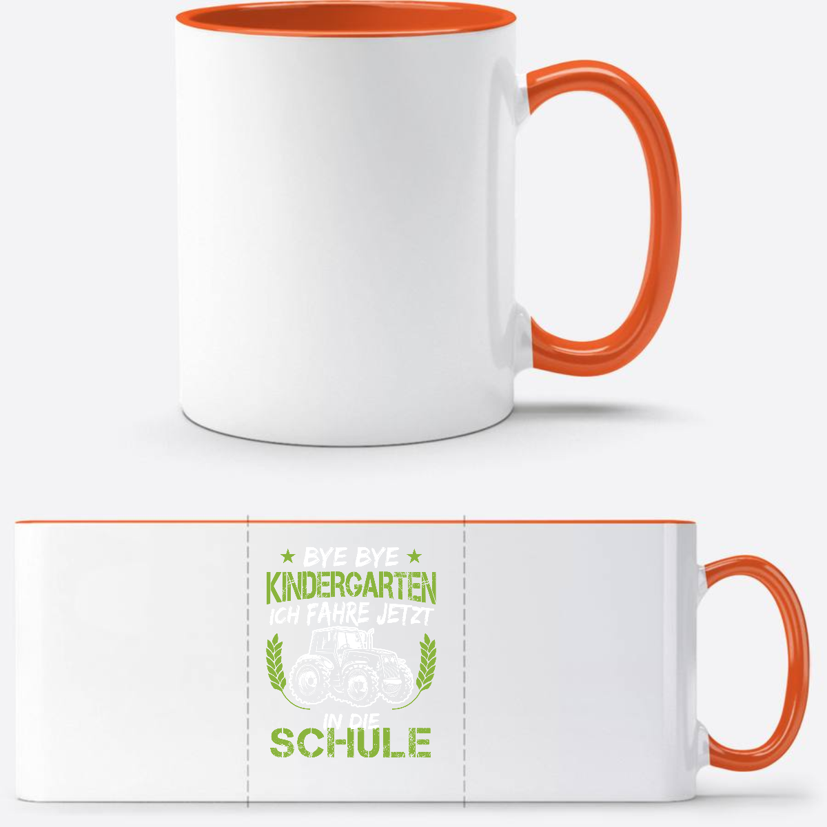 Tasse Einschulung – Bye Bye Kindergarten Traktor Grün - Weiß/Orange
