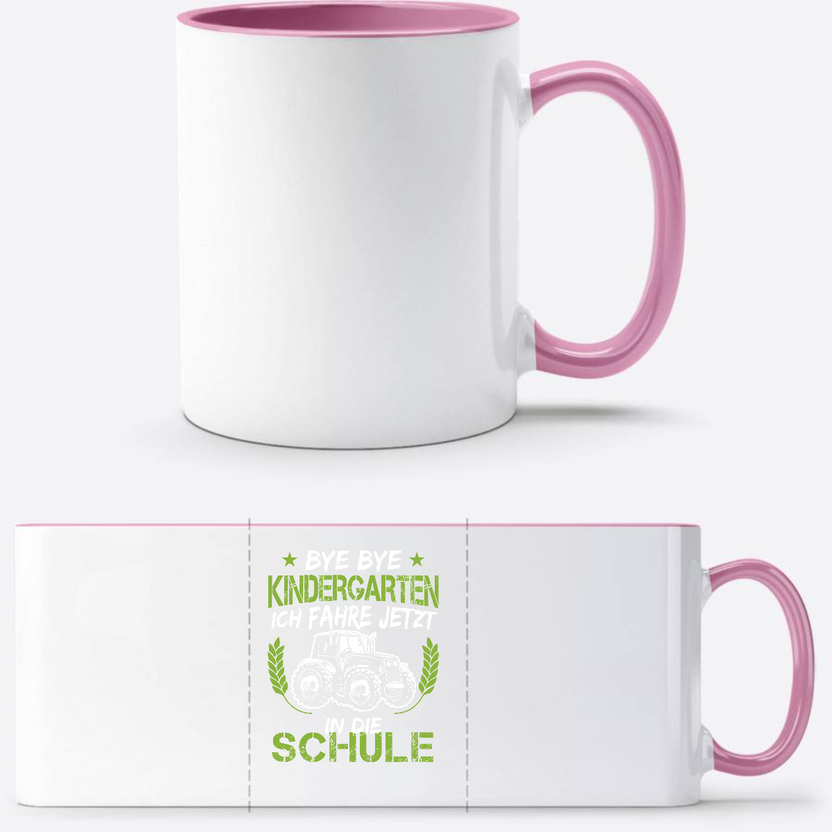Tasse Einschulung – Bye Bye Kindergarten Traktor Grün - Weiss/Rosa