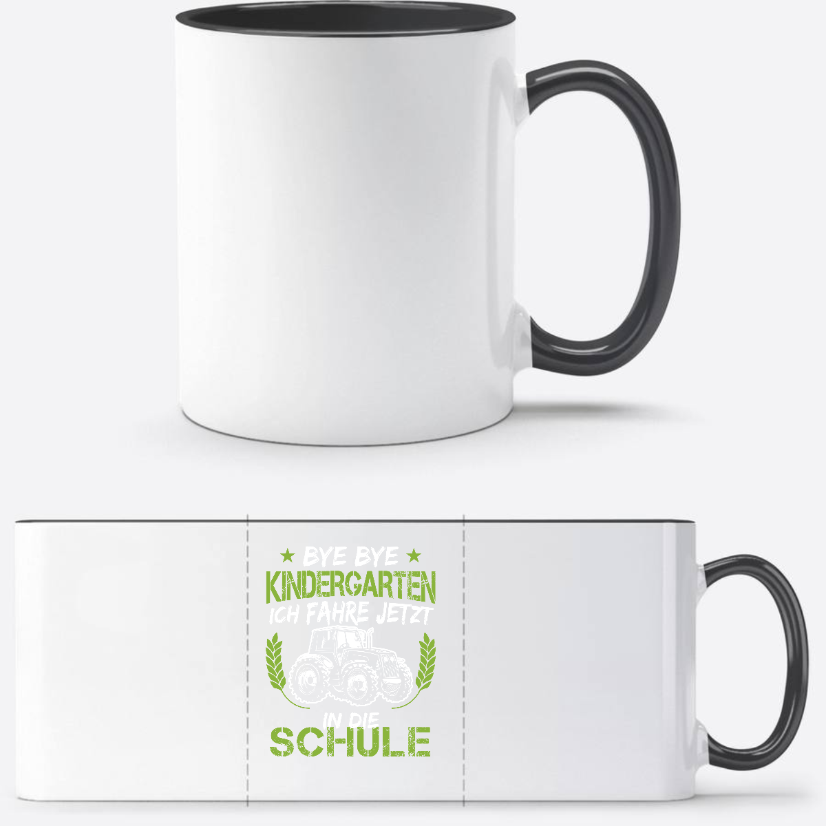 Tasse Einschulung – Bye Bye Kindergarten Traktor Grün - Weiß/Schwarz