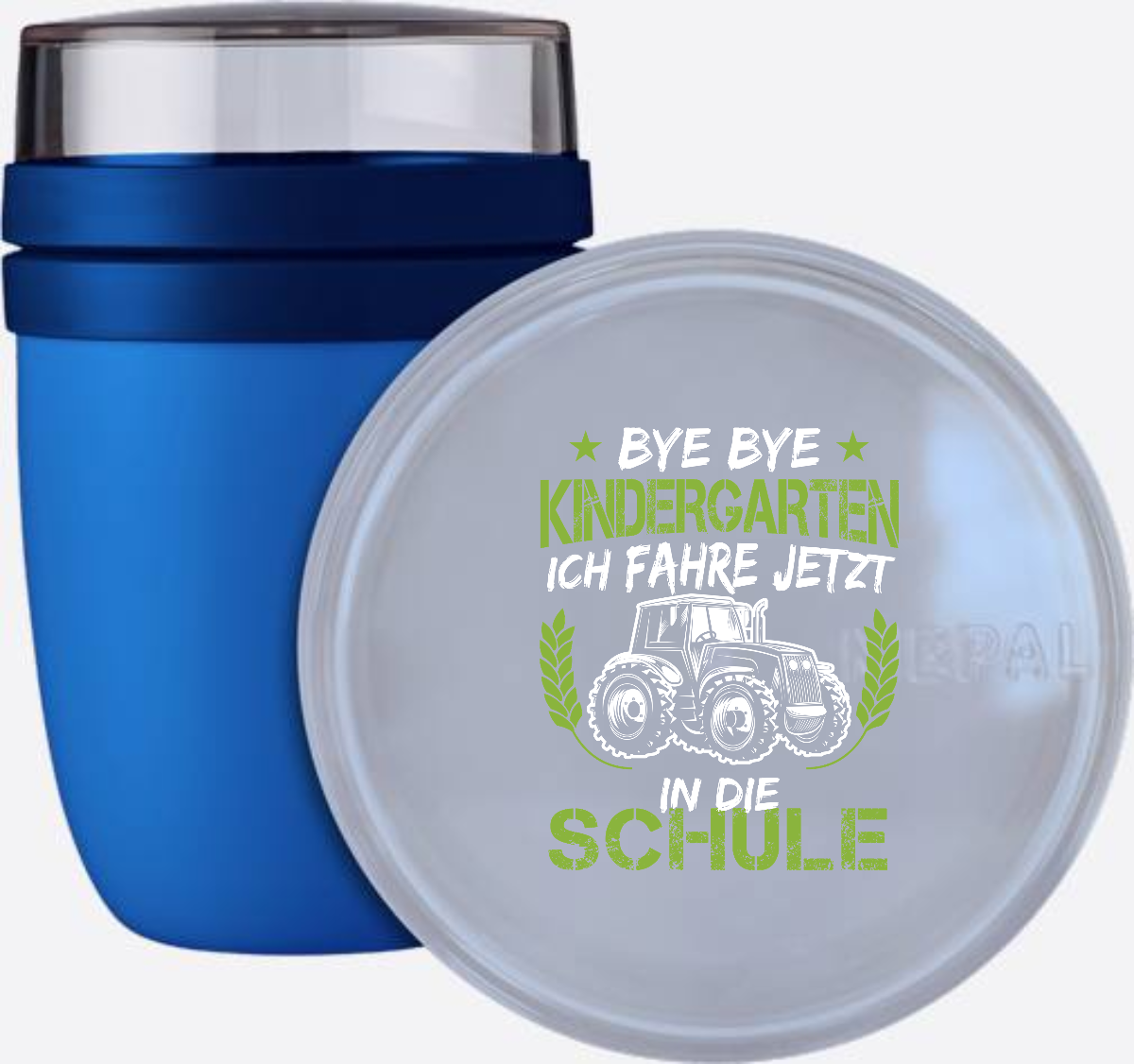 Tasse Einschulung: Bye Bye Kindergarten Traktor Grün-Weiß - Vivid Blue