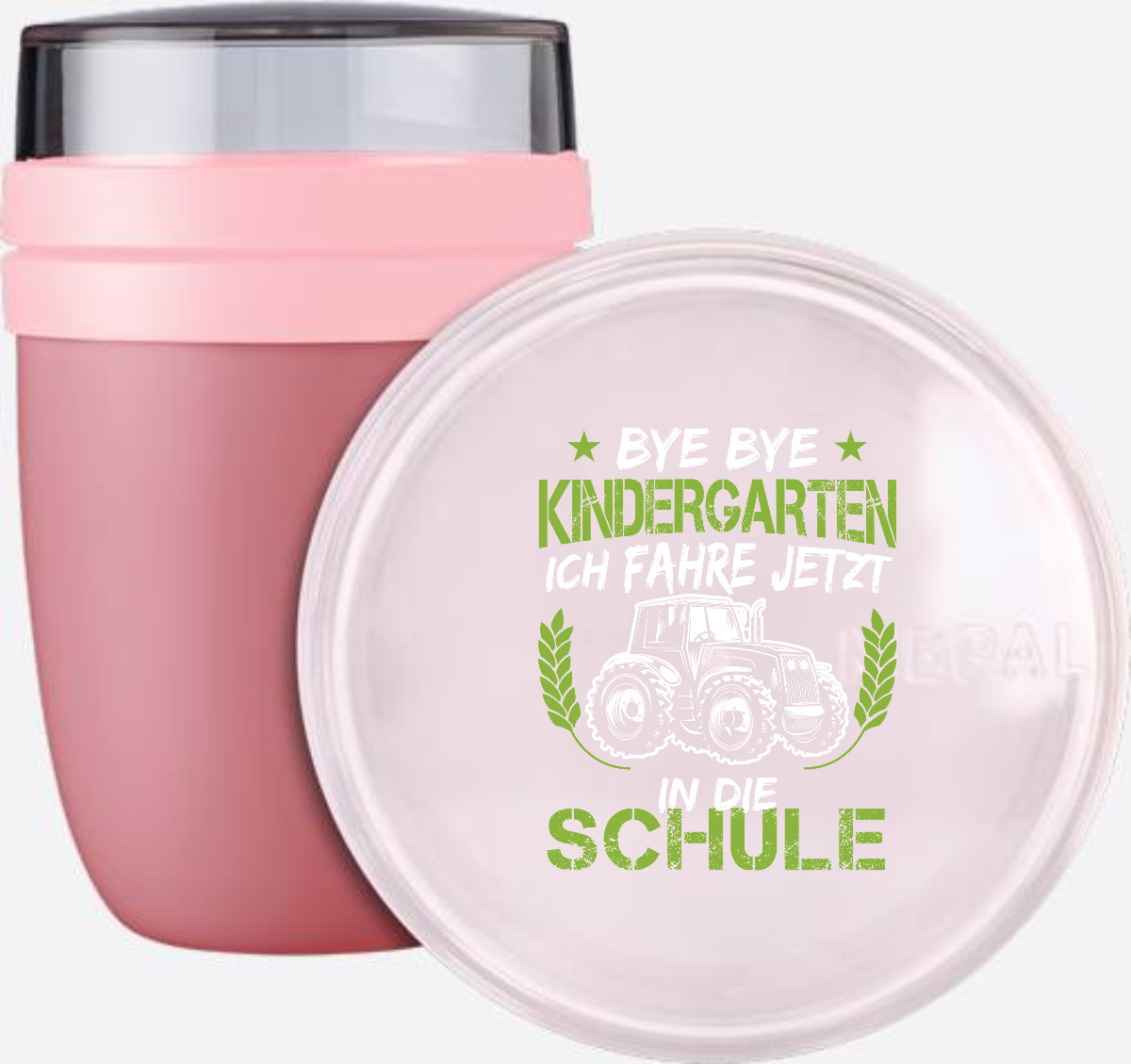 Tasse Einschulung: Bye Bye Kindergarten Traktor Grün-Weiß - Vivid Mauve