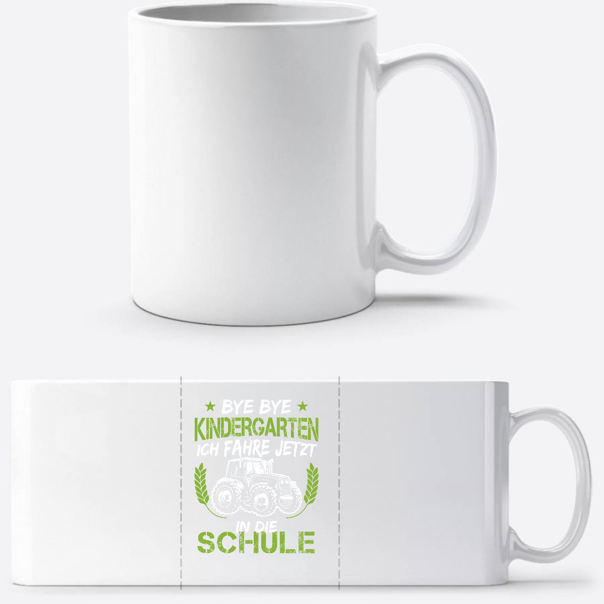 Tasse Einschulung – Bye Bye Kindergarten Traktor Grün - Weiß