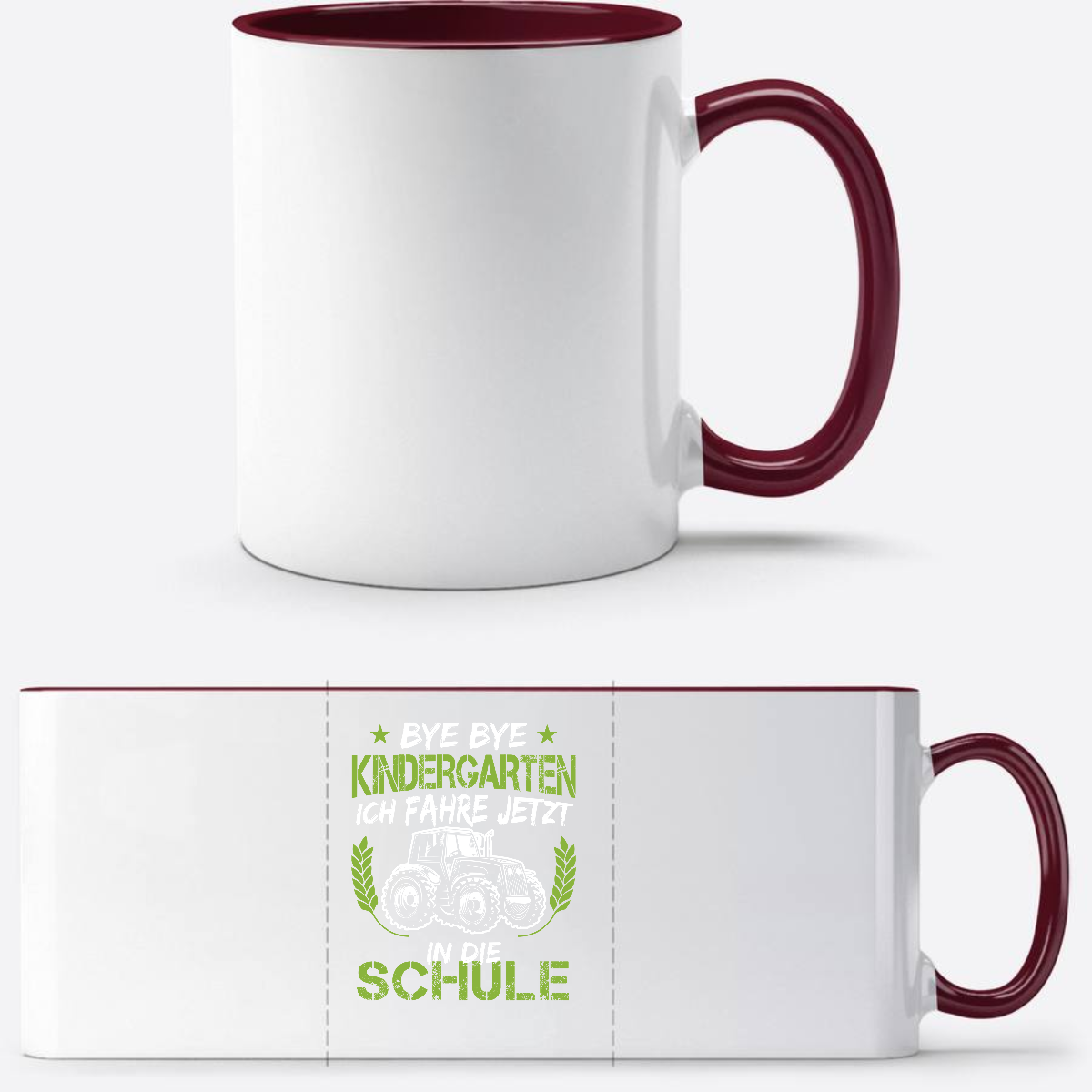 Tasse Einschulung – Bye Bye Kindergarten Traktor Grün - White/Bordeaux