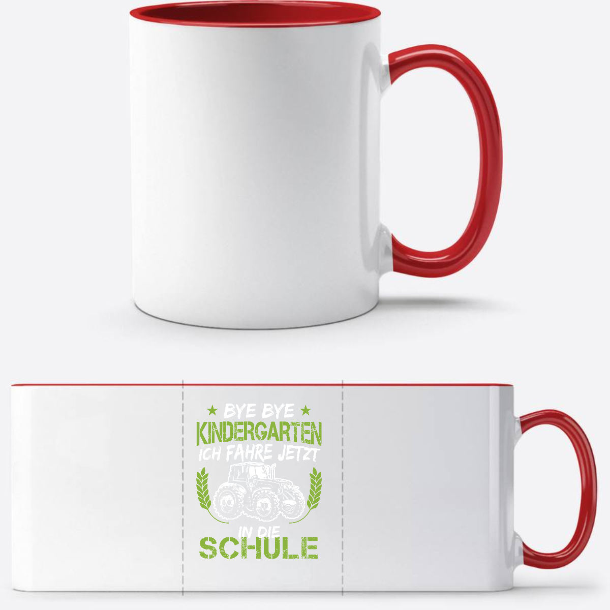 Tasse Einschulung – Bye Bye Kindergarten Traktor Grün - White/Red
