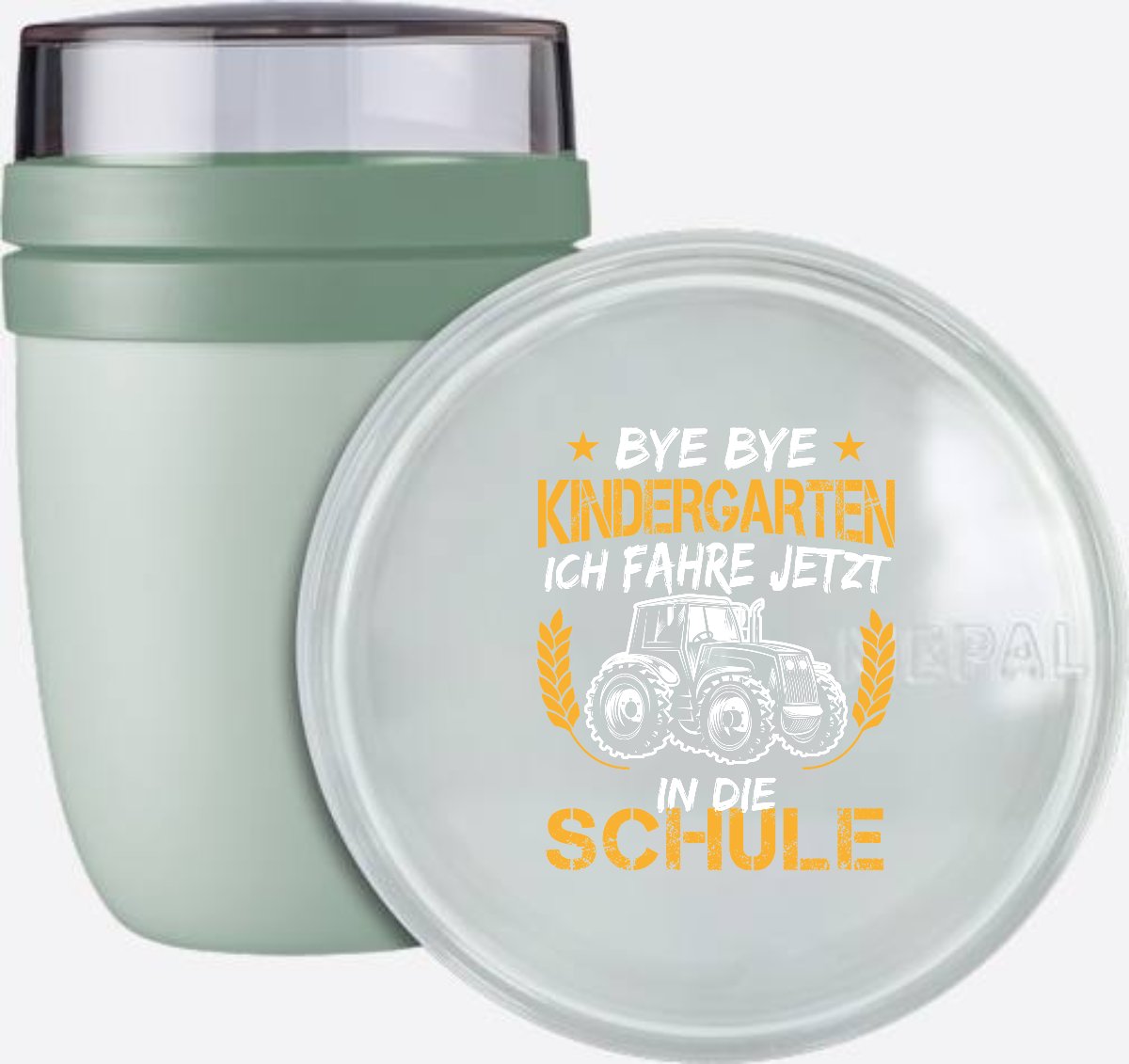 Tasse Einschulung – Bye Bye Kindergarten Traktor Weiß Orange - Nordic Sage