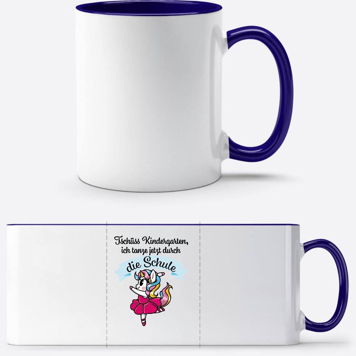 Tasse Einschulung Einhorn Ballett – Ich tanze durch die Schule - Weiß/Dunkelblau