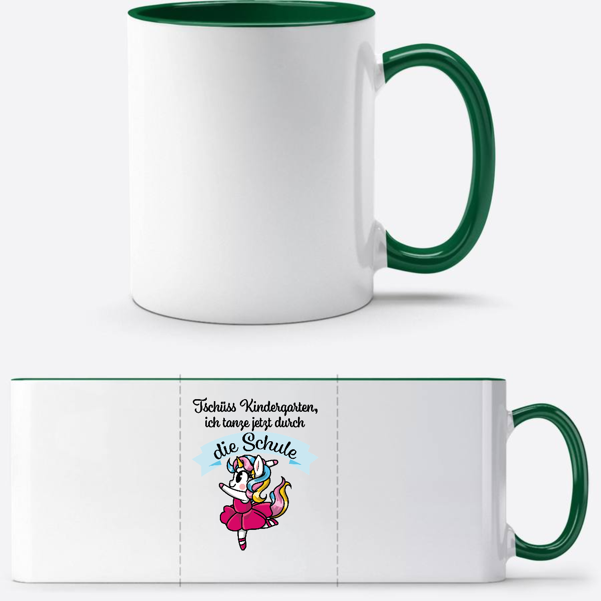 Tasse Einschulung Einhorn Ballett – Ich tanze durch die Schule - Weiß/Dunkelgrün