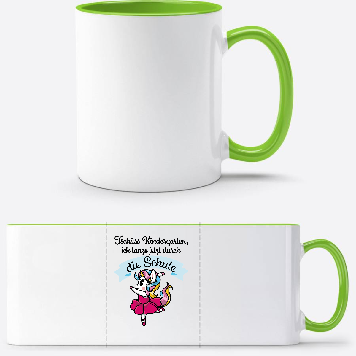Tasse Einschulung Einhorn Ballett – Ich tanze durch die Schule - Weiß/Grün