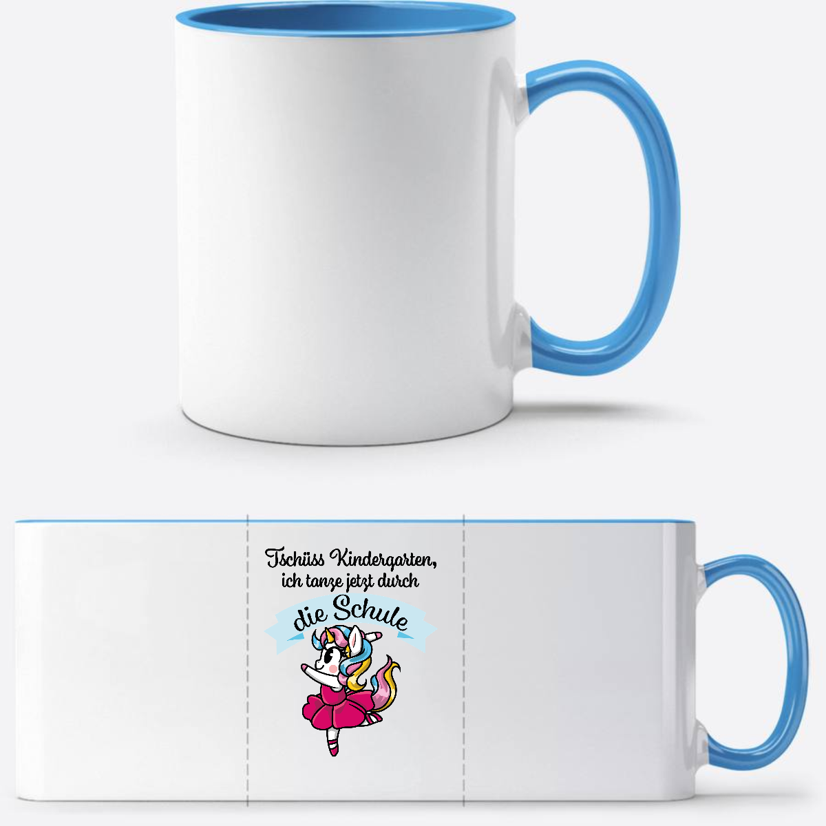 Tasse Einschulung Einhorn Ballett – Ich tanze durch die Schule - Weiß/Hellblau