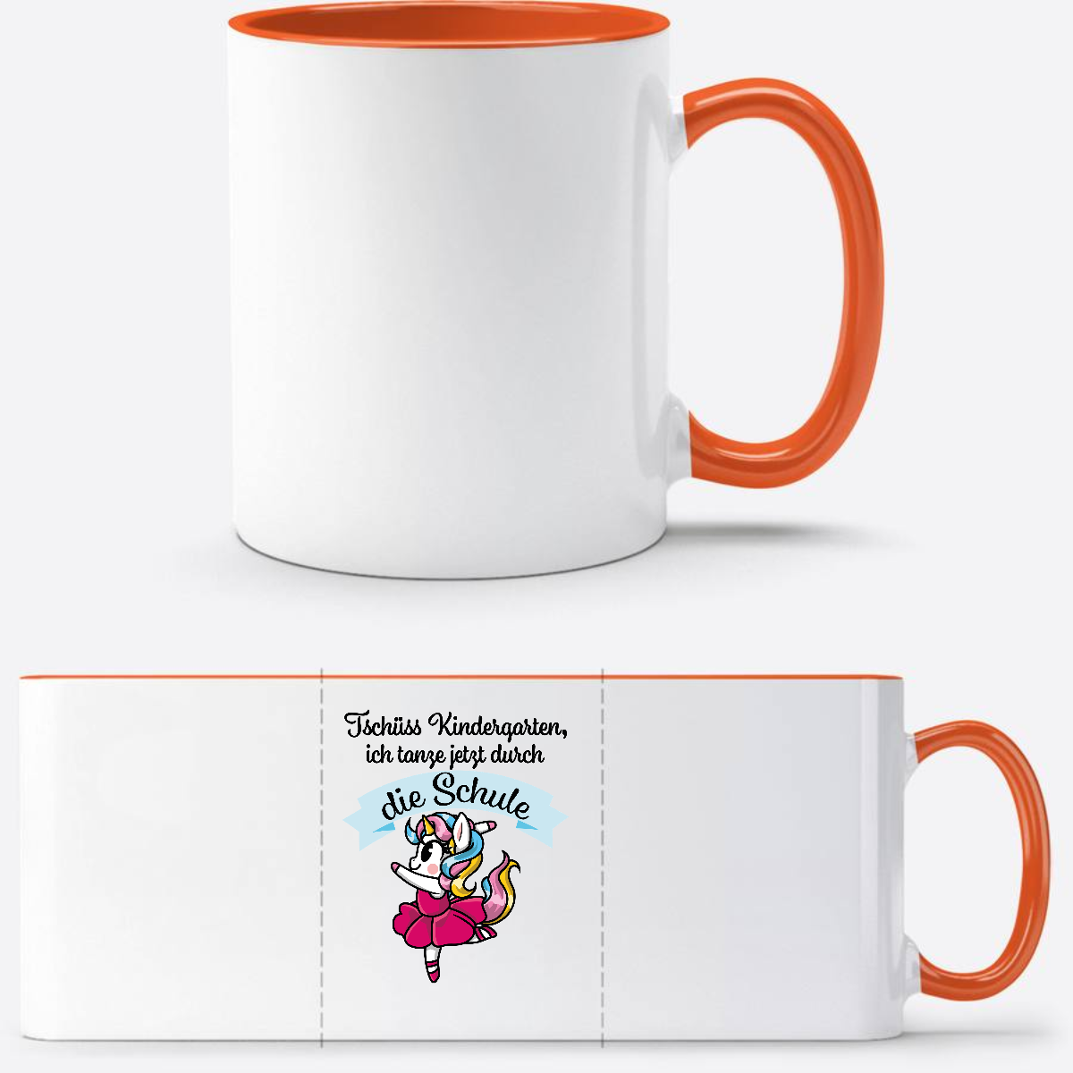 Tasse Einschulung Einhorn Ballett – Ich tanze durch die Schule - Weiß/Orange